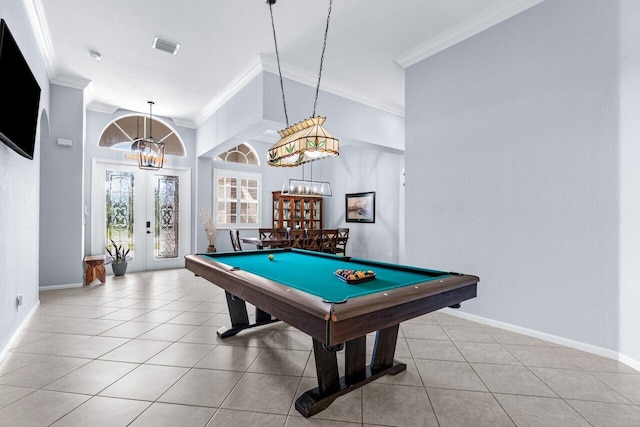 playroom featuring crown molding, french doors, light tile patterned floors, and billiards