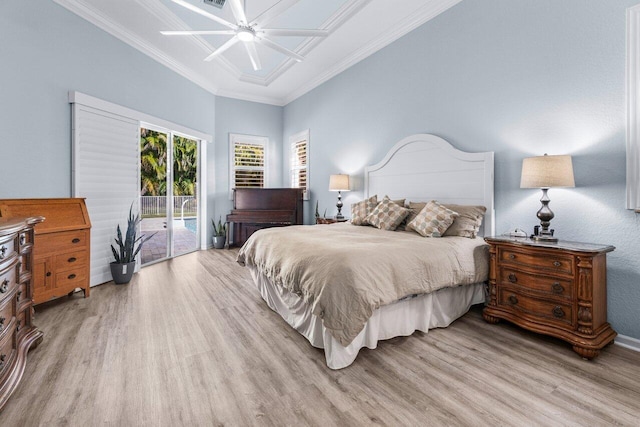 bedroom featuring access to exterior, ceiling fan, light hardwood / wood-style floors, and ornamental molding