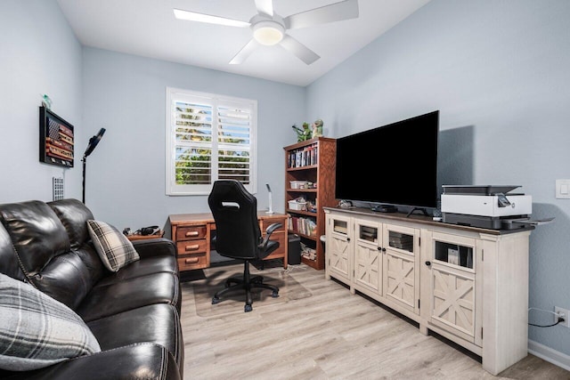 office area featuring ceiling fan and light hardwood / wood-style flooring