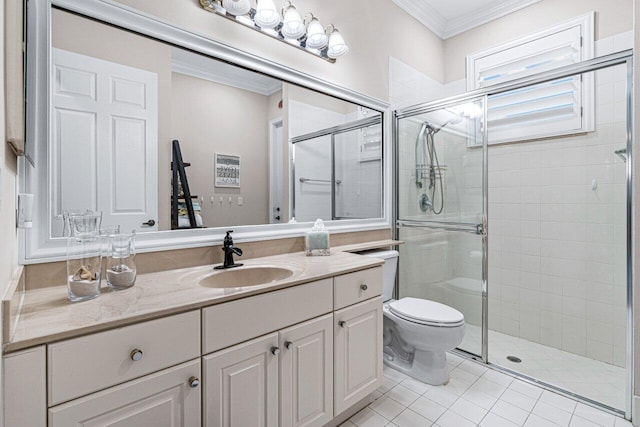 bathroom with an enclosed shower, ornamental molding, vanity, tile patterned flooring, and toilet