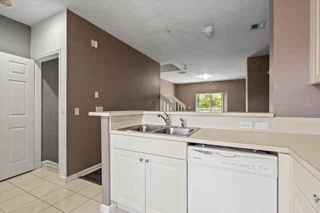 kitchen featuring sink, light tile patterned floors, kitchen peninsula, white dishwasher, and white cabinets