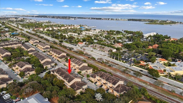 drone / aerial view featuring a water view