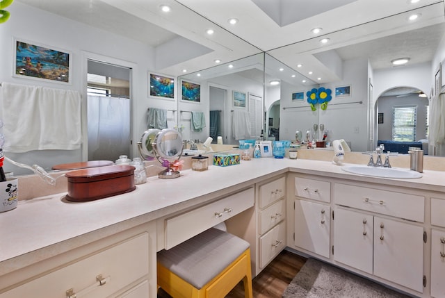 bathroom featuring vanity, hardwood / wood-style floors, and curtained shower