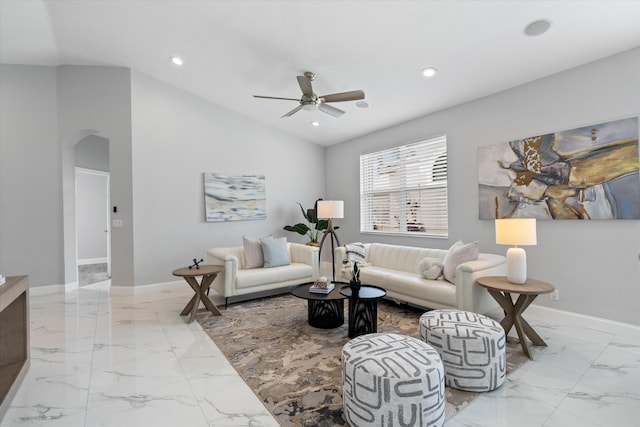 living room with vaulted ceiling and ceiling fan