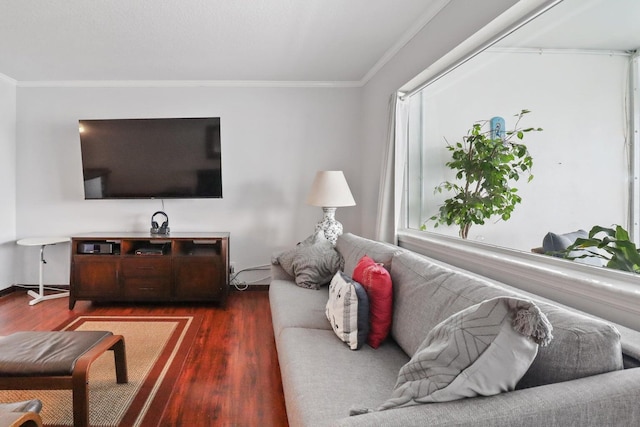 living room featuring dark hardwood / wood-style flooring and ornamental molding