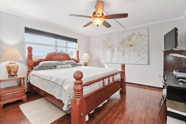 bedroom featuring dark wood-type flooring, ceiling fan, and crown molding