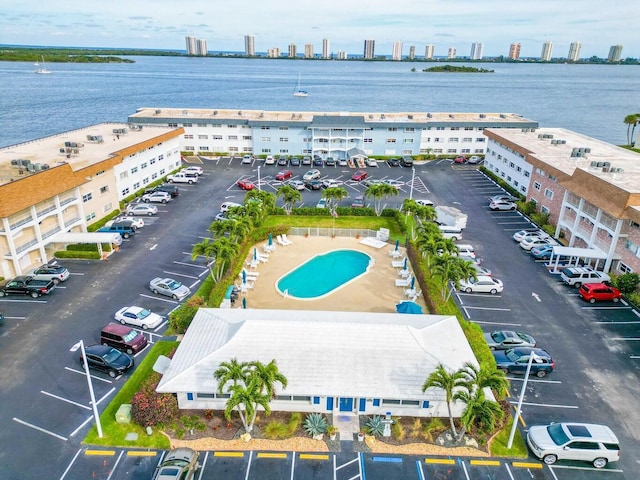 drone / aerial view with a water view