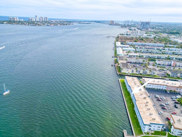 bird's eye view with a water view