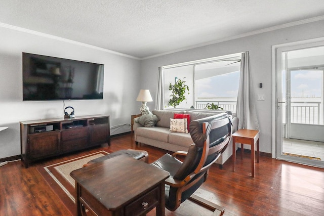 living room with a textured ceiling, dark hardwood / wood-style flooring, a baseboard heating unit, and crown molding