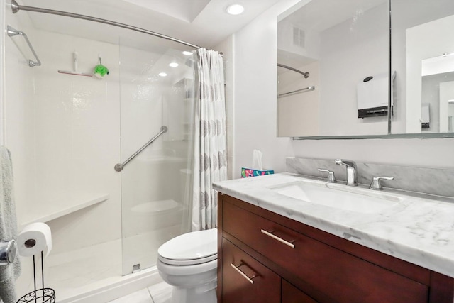 bathroom with tile patterned floors, walk in shower, vanity, and toilet