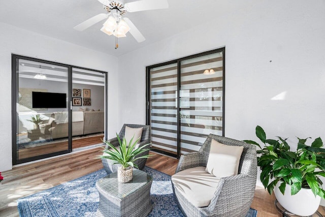 interior space featuring ceiling fan