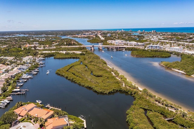 drone / aerial view featuring a water view