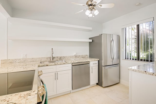 kitchen featuring sink, ceiling fan, light stone countertops, white cabinetry, and stainless steel appliances