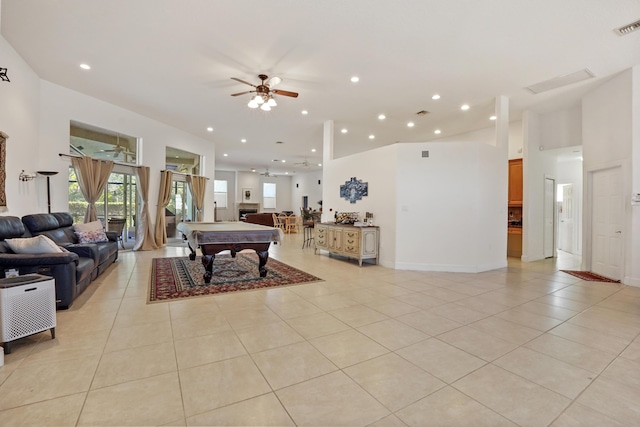 playroom featuring ceiling fan, light tile patterned flooring, and billiards