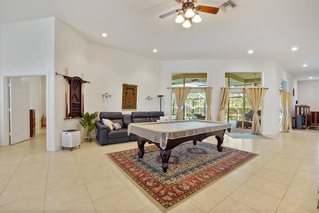 recreation room with ceiling fan, light tile patterned flooring, and pool table