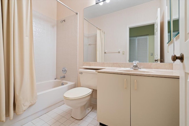 full bathroom featuring tile patterned floors, shower / bath combo, toilet, and vanity