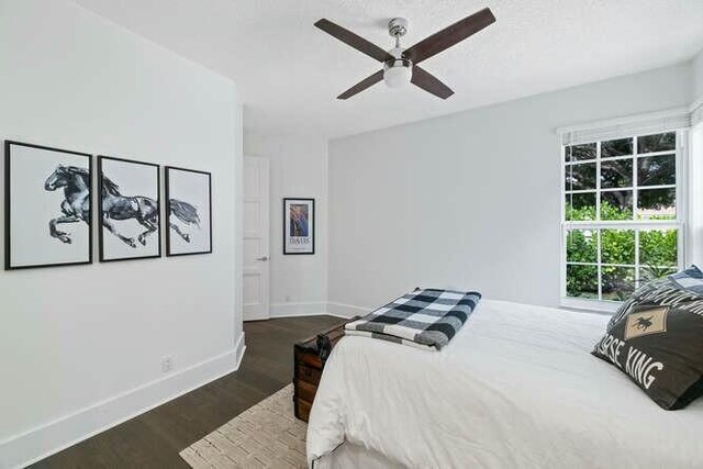 bedroom with ceiling fan and dark hardwood / wood-style flooring