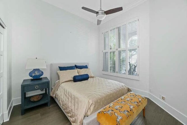 bedroom with ceiling fan and dark hardwood / wood-style flooring