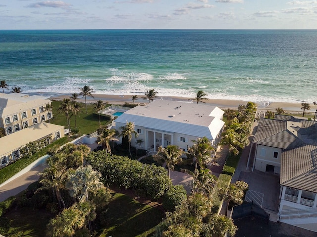 aerial view featuring a water view and a beach view