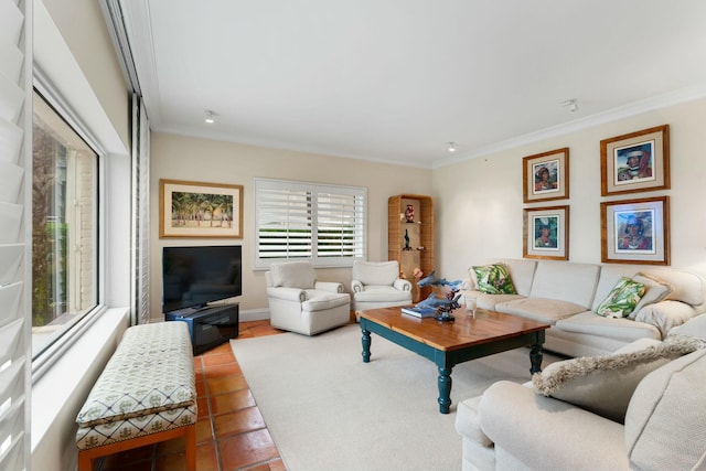 tiled living room featuring ornamental molding