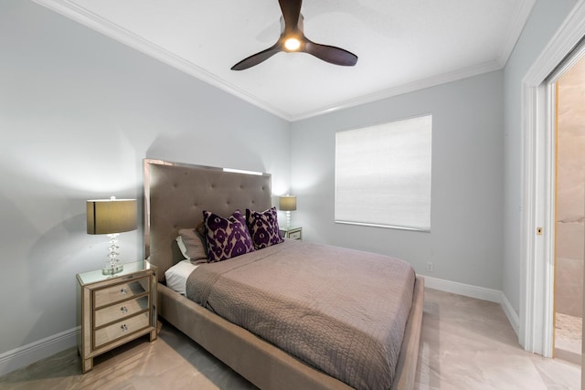 bedroom with ceiling fan, multiple windows, and crown molding