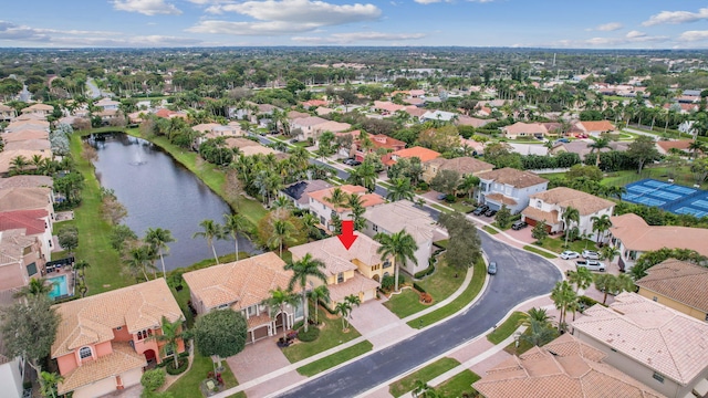 drone / aerial view featuring a water view