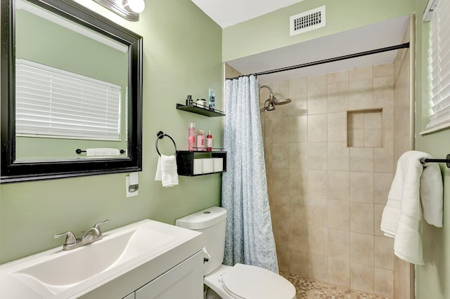 bathroom featuring vanity, toilet, and a shower with shower curtain