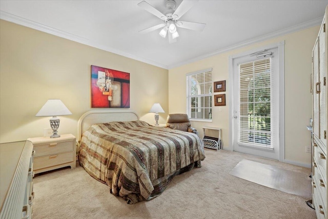 bedroom with crown molding, ceiling fan, light carpet, and access to outside