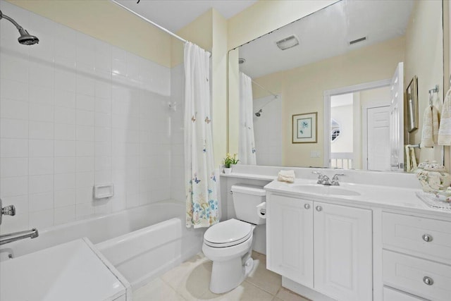 full bathroom with shower / bathtub combination with curtain, vanity, tile patterned flooring, and toilet