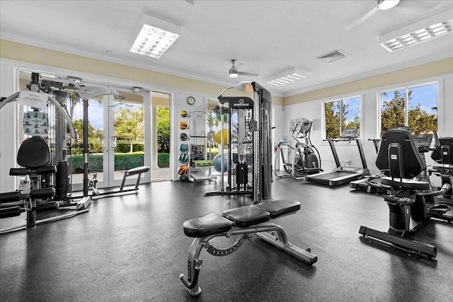 exercise room featuring crown molding and ceiling fan