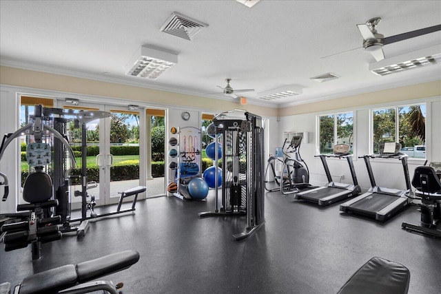 exercise room featuring crown molding and ceiling fan