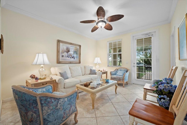 tiled living room with crown molding and ceiling fan