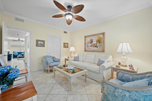 tiled living room featuring ornamental molding and ceiling fan