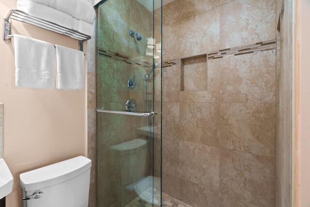 full bath featuring a shower stall and toilet