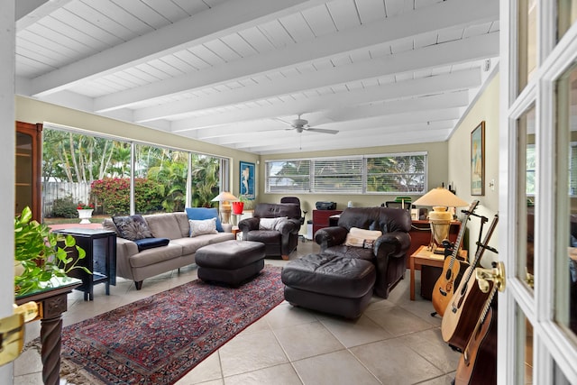 sunroom / solarium featuring beamed ceiling and a ceiling fan