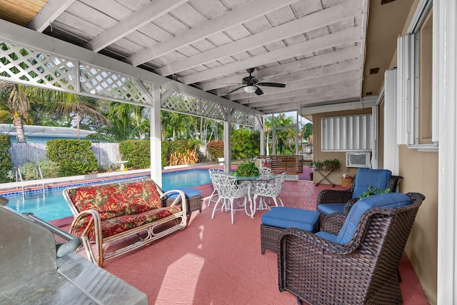 view of patio / terrace with a fenced in pool, an outdoor living space, ceiling fan, and cooling unit