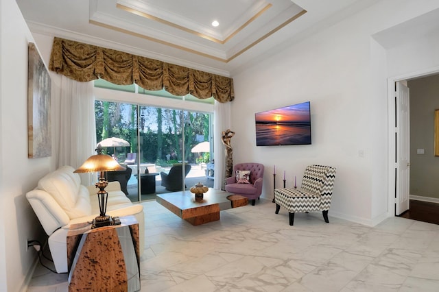 living room featuring a raised ceiling and crown molding