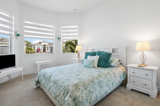 bedroom with light colored carpet