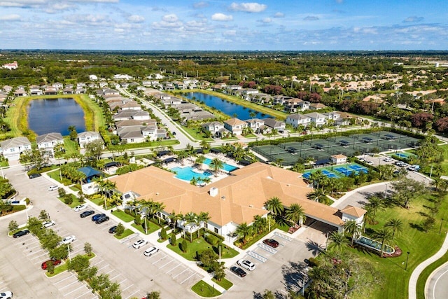 drone / aerial view featuring a water view