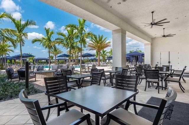 view of patio / terrace with ceiling fan and a community pool