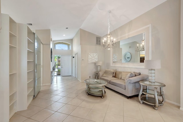 6761 Sun River Rd, Boynton Beach, FL 33437 - living room with a chandelier, light tile patterned flooring, baseboards, and high vaulted ceiling