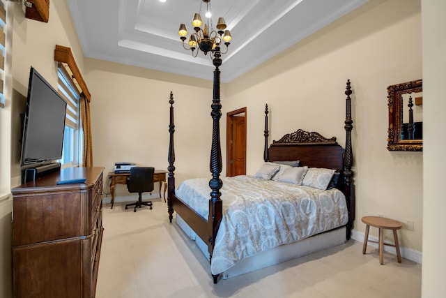 bedroom featuring a chandelier, crown molding, and a tray ceiling