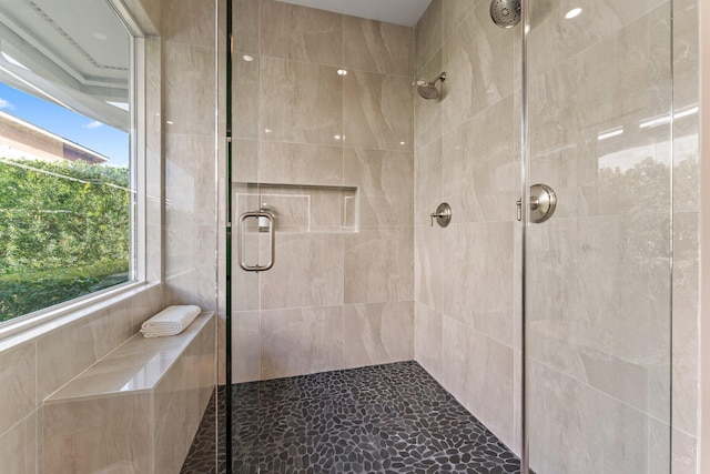 bathroom featuring a shower with shower door and a wealth of natural light