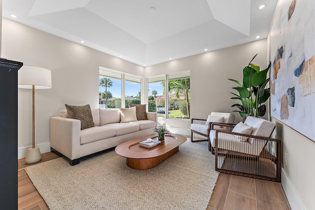 living room with hardwood / wood-style flooring and a raised ceiling