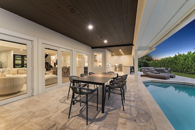 exterior space featuring wooden ceiling and french doors