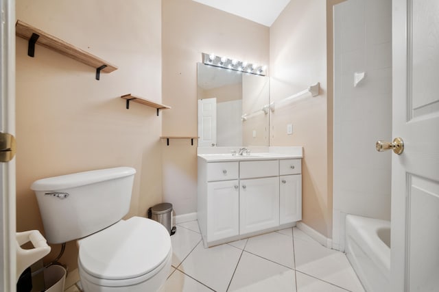 full bathroom featuring toilet, shower / tub combination, vanity, and tile patterned floors