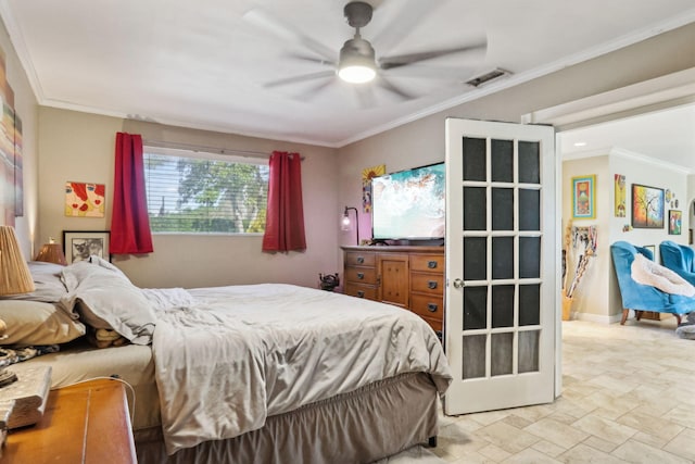 bedroom with ceiling fan and crown molding