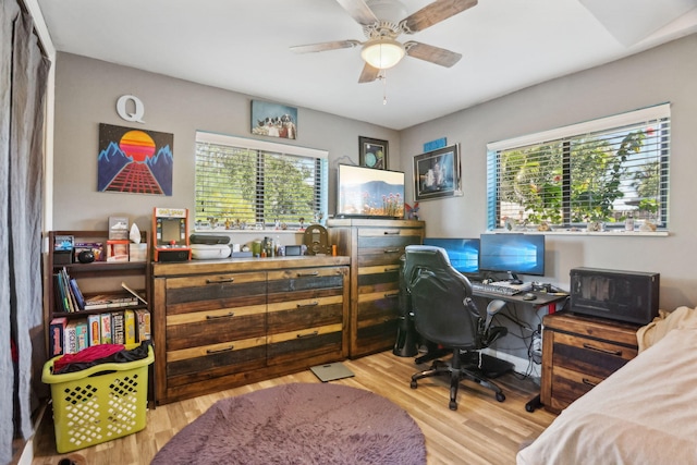 bedroom featuring ceiling fan and light hardwood / wood-style floors