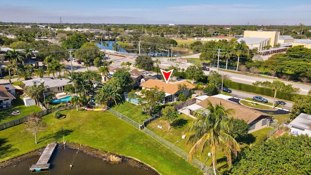 birds eye view of property featuring a water view