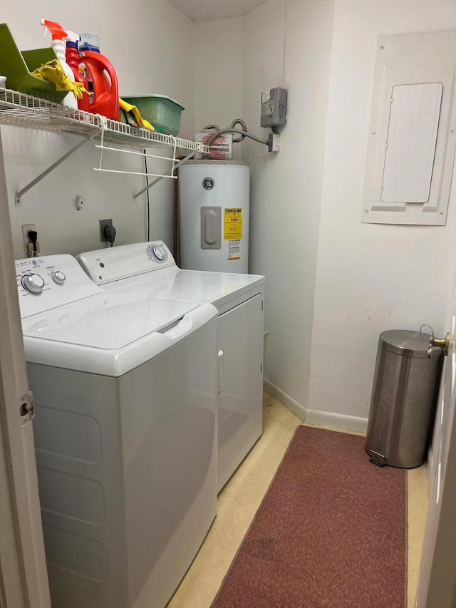 washroom featuring electric water heater, electric panel, and washing machine and clothes dryer